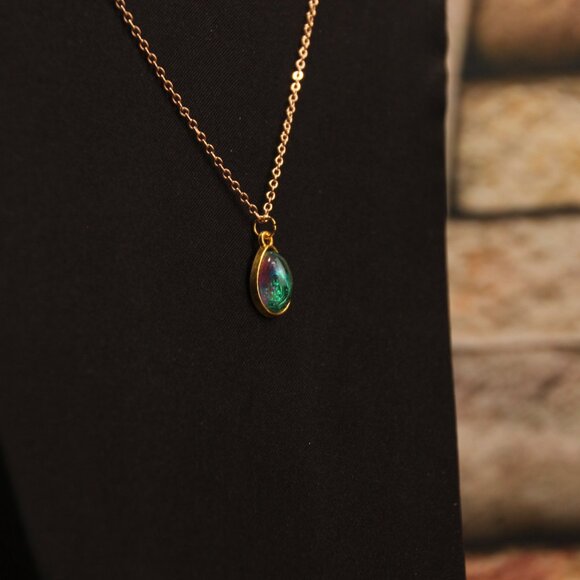 Hand Crafted Tiny Tear Drop Pendant Green Blue Purple on Gold Chain - Picture 5 of 6